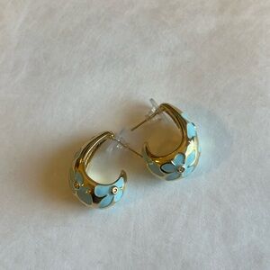 Gold and Blue Floral Hoop Earrings 925S Needle
